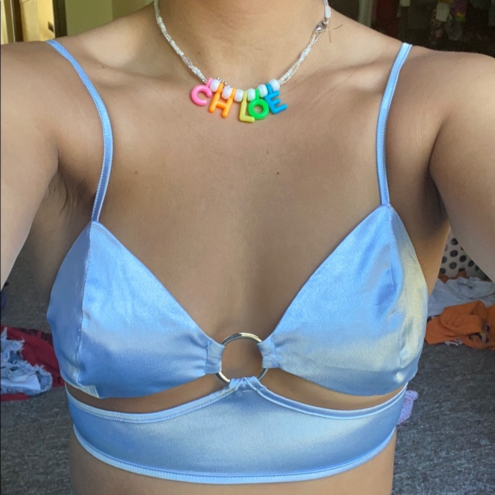 Shiny, baby blue bra/top by REHAB!!!
